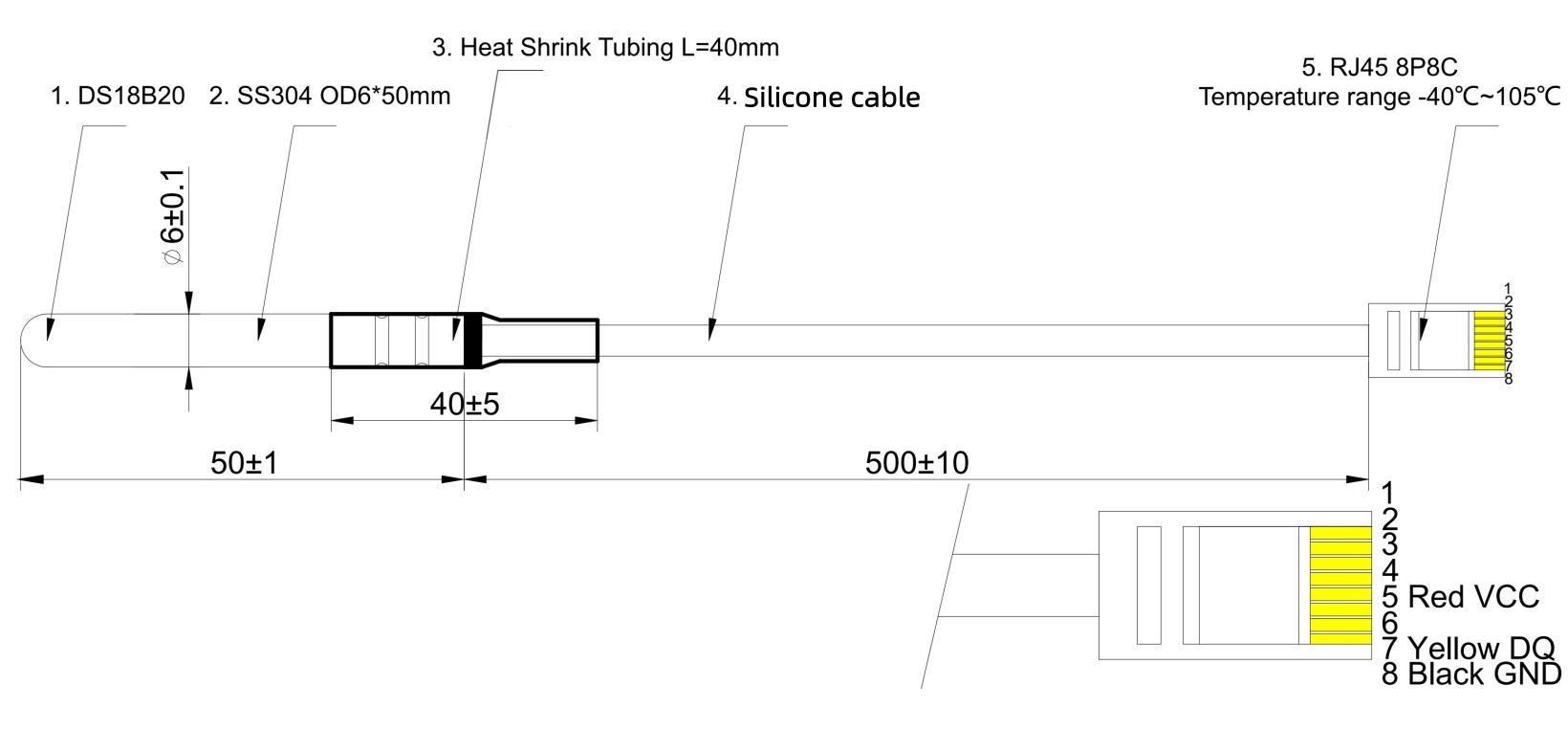 حساس حرارة رقمي DS18B20 — واجهة 1-Wire, مقاوم للماء, موصل RJ45