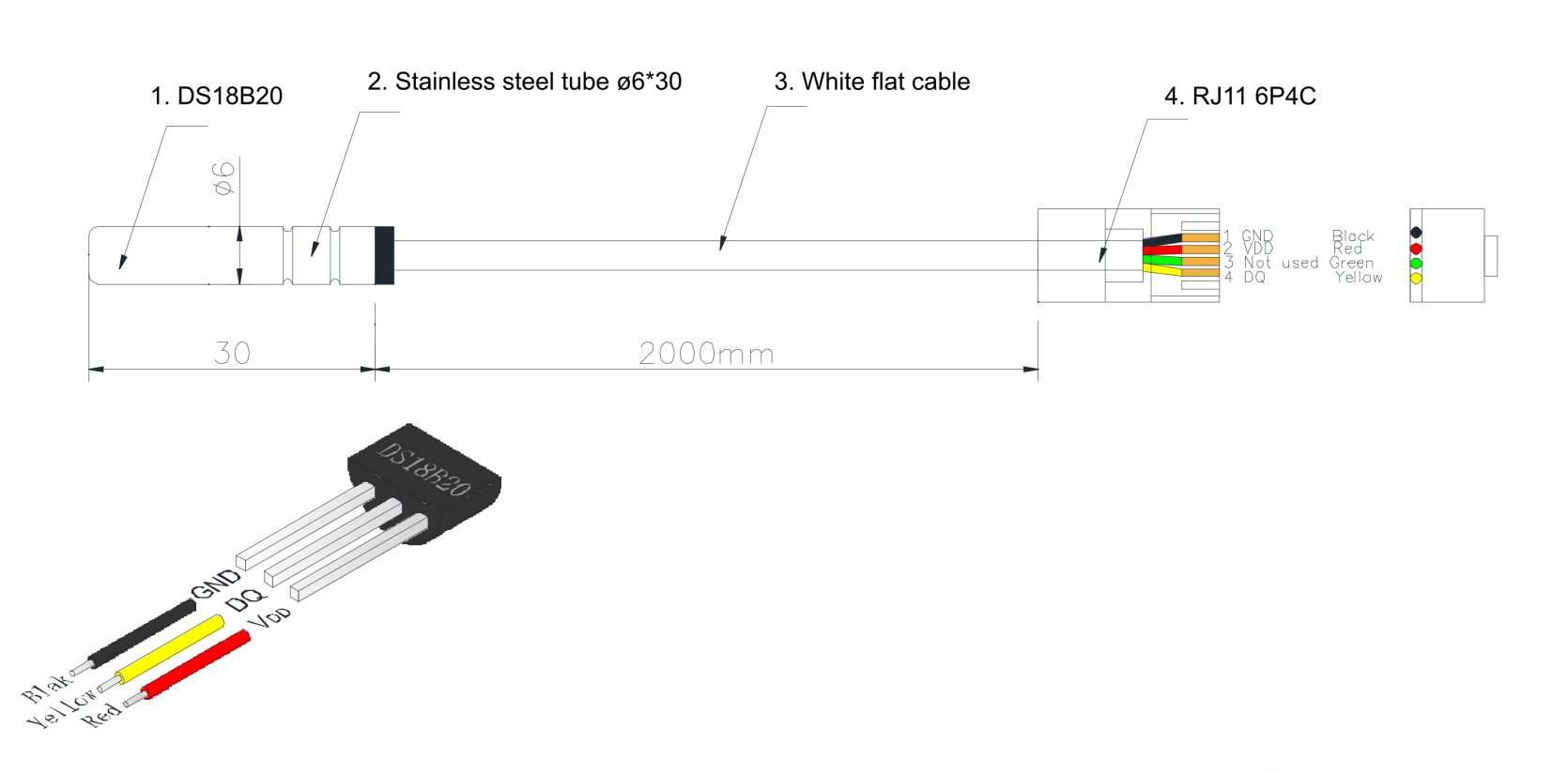 حساس حرارة رقمي DS18B20 — موصل RJ45, للوجستيات سلسلة التبريد
