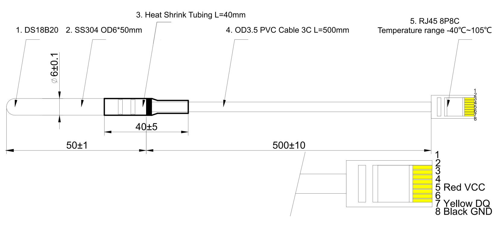 حساس حرارة رقمي DS18B20 — واجهة 1-Wire, مقاوم للماء, موصل RJ45